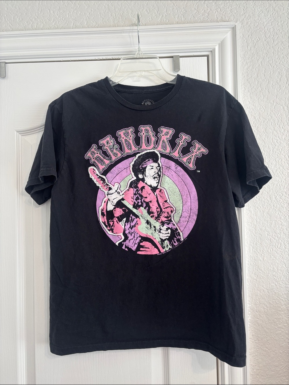 Authentic Adult Hendrix Black Graphic Band Tee with Pink & Lavender Print